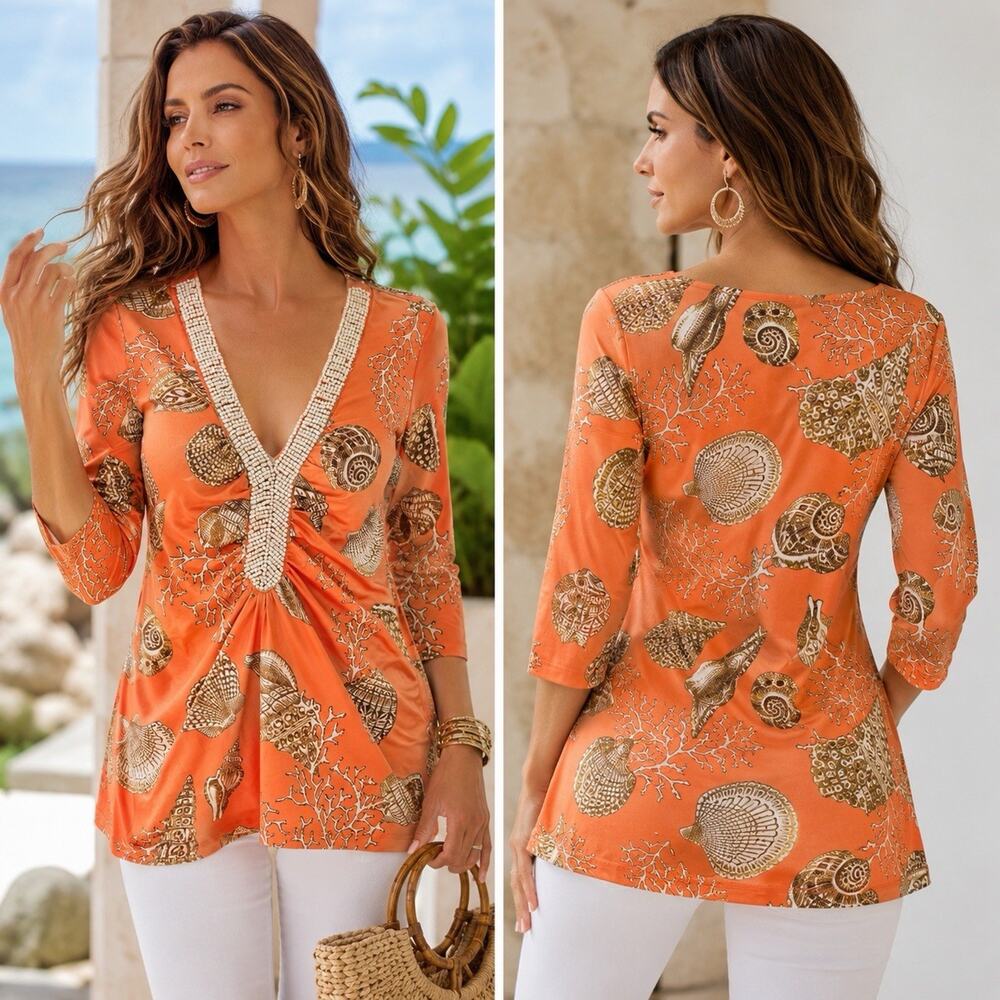 Boston Proper XS Coral Seashell Beaded V-Neck Ruched Stretch Tunic Top Beach